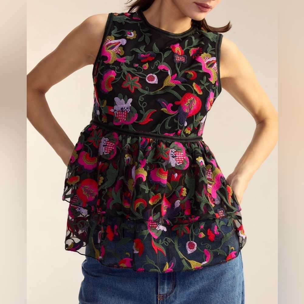 NWT $325 Cynthia Rowley Black Dress with Colorful Floral Embroidery